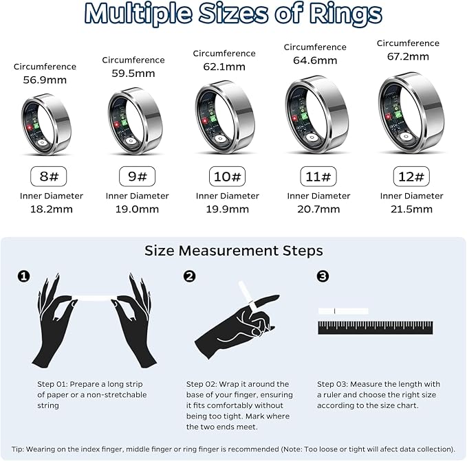 Smart Ring Health Tracker, Sleep Tracker Ring with Heart Rate, Waterproof Fitness Ring for Activity Monitoring/Steps/Distance/Calories, Air Gestures, Up to 7-Day Battery, for iOS Android (Silver,#10)