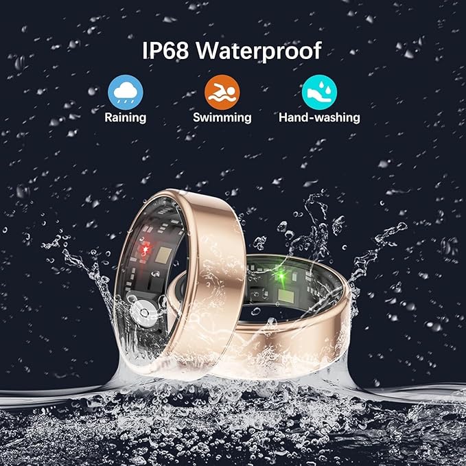 Smart Health Rings for Women Men, Fitness Tracker with Heart Rate, Blood Oxygen, HRV, Sleep Tracker, Step Tracker, No Subscription Fee, IP68 Waterproof Smart Ring for iPhone & Android (Gold 6#)