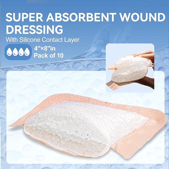 Silicone Super Absorbent Wound Dressing - 4"×8" Large Absorbant Bandages with Adhesive Borders, FSA HSA Eligible, Wound Care Dressings for Bed Sores Leg Ulcers