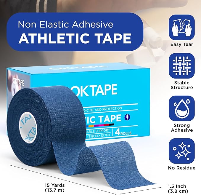 OK TAPE 4 Rolls Athletic Tape, Sports Tape, Very Strong Easy Tear Wrist Ankle Tape, No Sticky Residue | Athletes, Medical, Athletic Trainers- 1.5inch x 15yards (Blue)