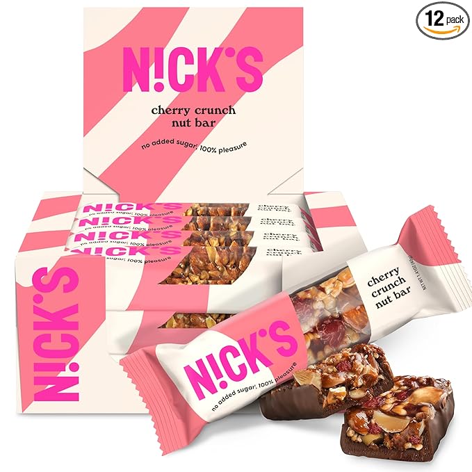 NICK’S Cherry Crunch Nut Bars – Cherry Chocolate Keto Snack with 2g Sugar & 5g Net Carbs – Low Carb, High Flavor Protein Snack – 12-Pack for Sports, Hiking & On-the-Go