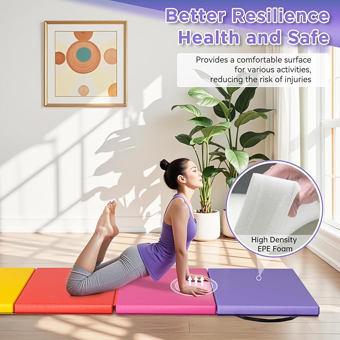 Gymnastics Tumbling Mats Portable Gymnastics Mat Foldable Tumbling Mat 2'x6'/4'x8' PU Leather Exercise Mat Yoga Mat with Carrying Handles for home Workout outdoor Yoga Gymnastics