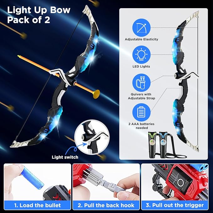 VATOS 2 Pack Bow and Arrow Toy for 5 6 7 8 9 10 11 Year Old Boys Girls, Light Up Archery Toy with Cup Suction Standing Target & 29 in Dart Board, Indoor Outdoor Activity Toys Birthday