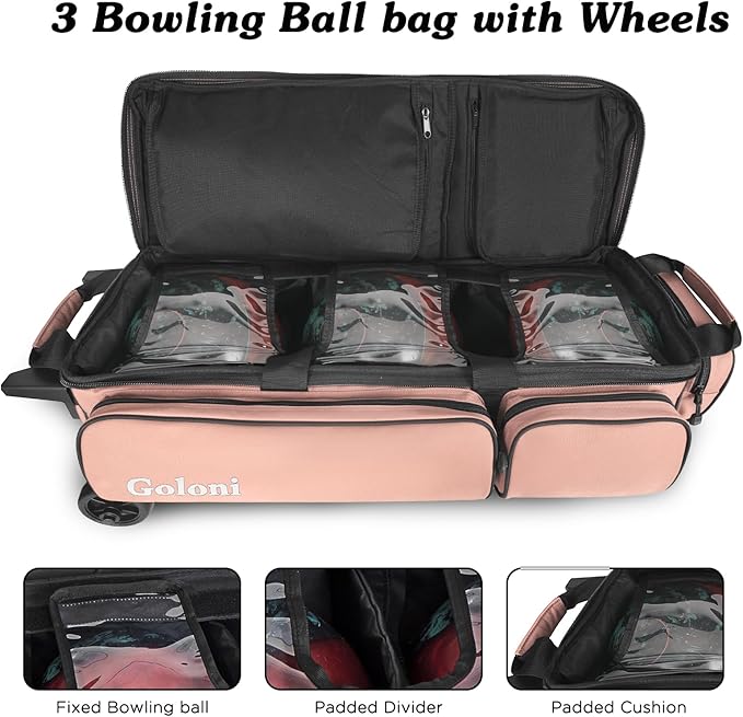 Goloni 3 Ball Bowling Bags with Wheels - Rolling Bowling Bag for 3 Balls & Accessories - Retractable Handle Extends to 38
