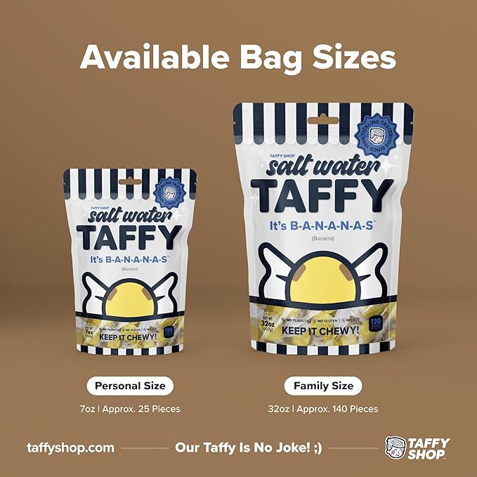 Taffy Shop It's BANANAS, Banana Salt Water Taffy – Gourmet Soft Chewy Candy, Bulk Sweet Snack, Fresh Gift & Gluten-Free, 140 Individually Wrapped Pieces (32oz)