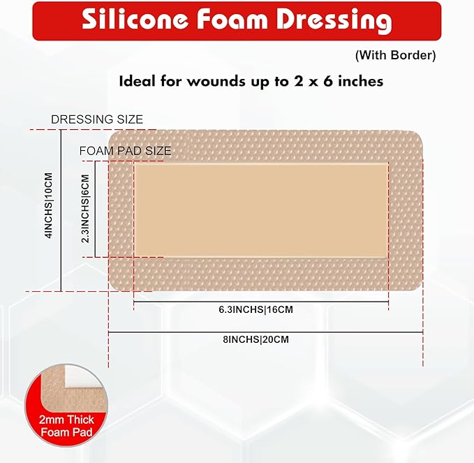4" x 8" Pack of 10 Silicone Foam Wound Dressing - Waterproof Adhesive Bandages with Bordered - Super Absorbent & Breathable for Optimal Wound Care