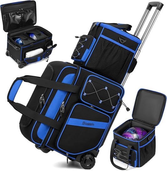 3 Ball Bowling Bag with Wheels, 2 Ball Bowling Bags Double roller with 1 Ball Add On Bag, Multi-Pockets & Shoe Compartment (Fits Up to Size 15)