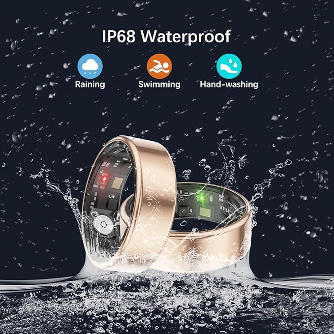 Smart Health Rings for Women Men, Fit Ring with Heart Rate, Blood Oxygen, HRV, Sleep Tracker, Step Tracker, No Subscription Fee, IP68 Waterproof Smart Ring for iPhone & Android (Gold 7#)