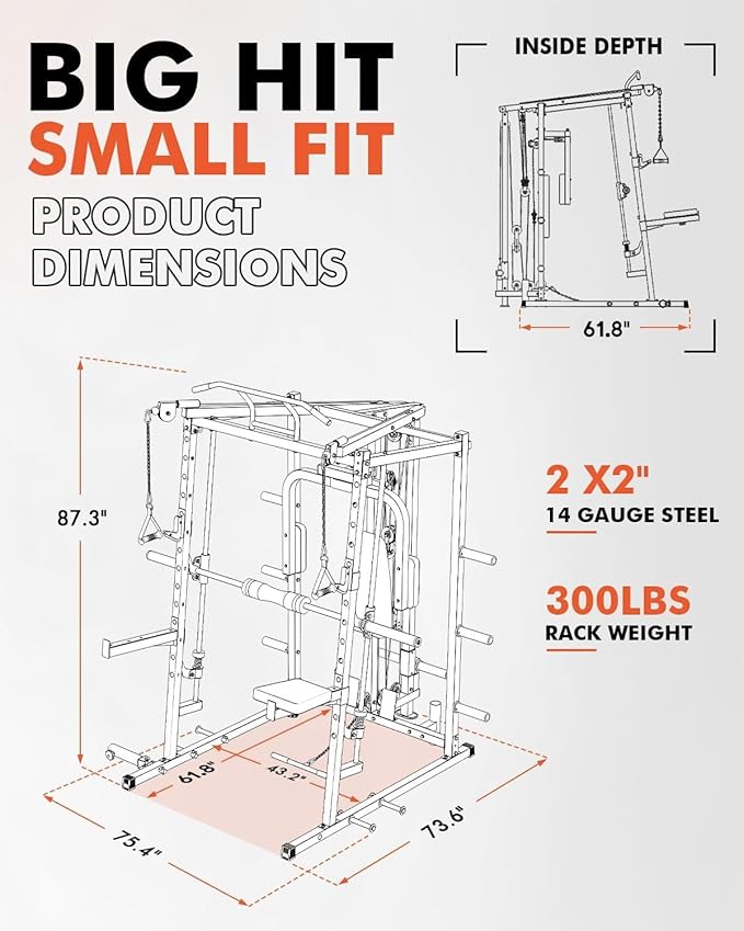 Mikolo All-in-One Smith Machine Home Gym, 2000LBS Power Cage with Cable Crossover System, Integrated Squat Rack with Weight Bar for Full-Body Training—LAT Pulldown, T-Bar Row, Triceps, Chest Fly