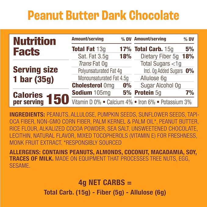 Munk Pack Nut and Seed Snack Bars 5g Protein 1g Sugar 3g Net Carbs Low Sugar Keto and Gluten Free Snack for Adults and Kids Peanut Butter Dark Chocolate 492 oz 24 Pack