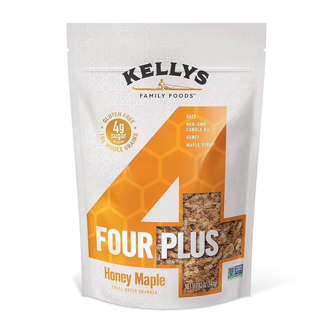 Kelly's Four Plus Granola (Variety Pack) Healthy Granola Cereal with Whole Grain Oats, Honey, Maple Syrup - Non-GMO, Low Sugar, Sodium Free and Gluten Free Granola for Yogurt - 12oz (Pack of 4)