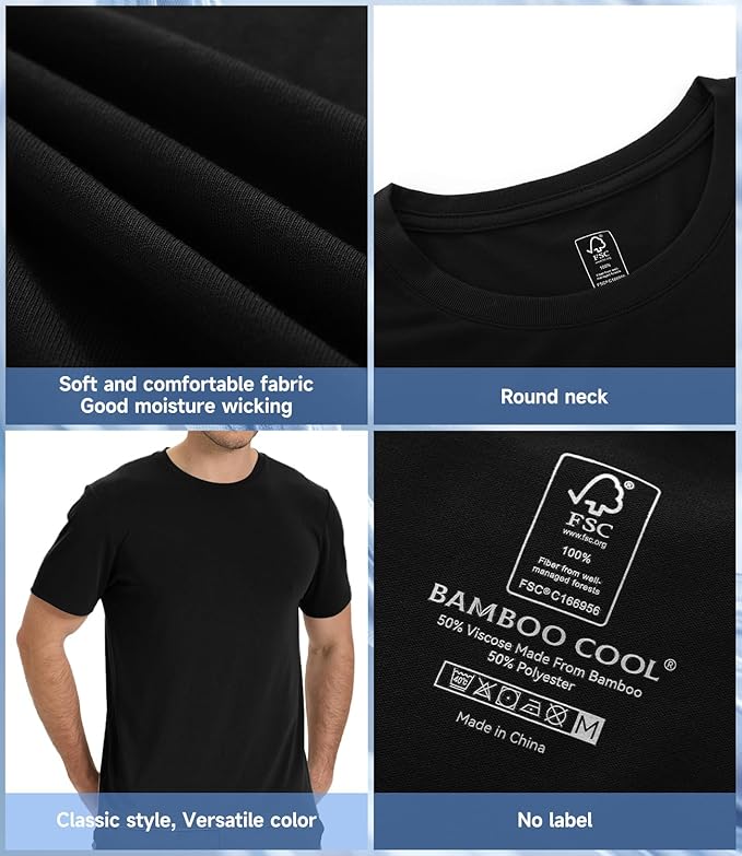 BAMBOO COOL Men's Crewneck T-Shirts Short Sleeve Heavy Weight Tees Athletic Casual Basic T Shirt