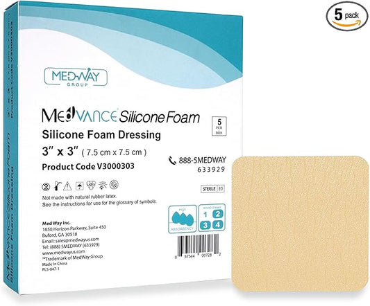 MedVance TM Silicone - Silicone Adhesive Foam Absorbent Dressing, 3"x3", Box of 5 dressings