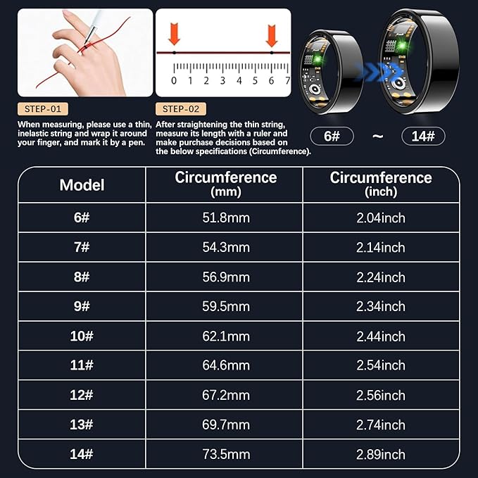 Ring Health Tracker for Women Men, Fit Ring with Heart Rate, Blood Oxygen, Sleep Monitor, Calories, Step Counter, IP68 Waterproof Smart Ring for iPhone & Android, No Subscription Fee (Black, 8#)