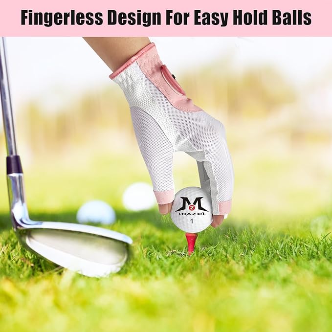 MAZEL Women's Fingerless Golf Gloves One Pair Open-Finger Design,Breathable Hot Wet Weather Sweat-Absorbing,Fit Size S M L XL