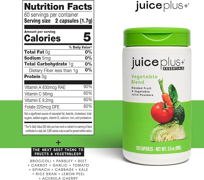 Juice Plus+ Fruit, Vegetable & Berry Blend - Fruit and Vegetable Supplement for Immune Support, Cognitive Health & Radiant Skin - 3 Bottles, (120 Capsules Each)