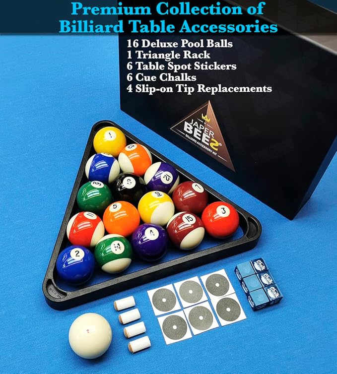 Billiard Pool Balls with Triangle Ball Rack, Cue Chalks, Table Spot Stickers & Tip Replacements - Pool Table Accessories