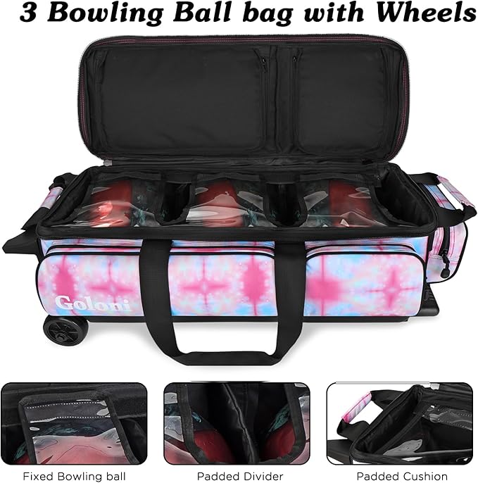 Goloni 3 Ball Bowling Bags with Wheels - Rolling Bowling Bag for 3 Balls & Accessories - Retractable Handle Extends to 38