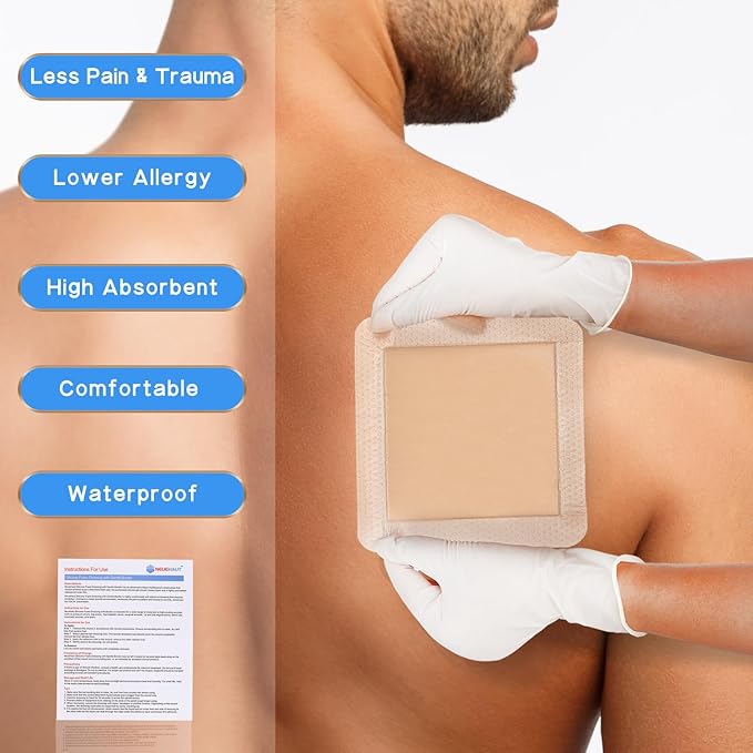 Silicone Foam Dressing with Gentle Adhesive Border 6''x6'', Bed Sore Pressure Ulcer Leg Ulcer Silicone Wound Bandage, High Absorbency Waterproof, 5 Pack by NeueHaut