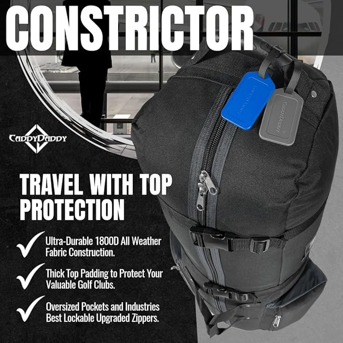 CaddyDaddy Constrictor Soft-Sided Golf Travel Bag Cover with Thick Dense Foam Padded Top 1 Year Full Travel Bag Replacement Coverage | Wheels & Lockable Zippers Case for Transporting Clubs on Airlines