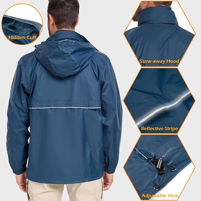 MANSDOUR Men's Packable Rain Jacket Waterproof Lightweight Windbreaker Cycling Golf Hiking Reflective Raincoat with Hood