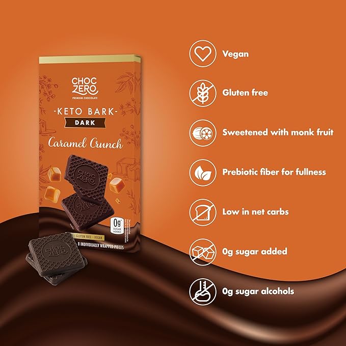 ChocZero Vegan Caramel Crunch Keto Bark, Dark Chocolate Candy Bar with Caramel, Dairy Free, Sugar Free, Gluten Free, 3.2 Ounce (Pack of 4)