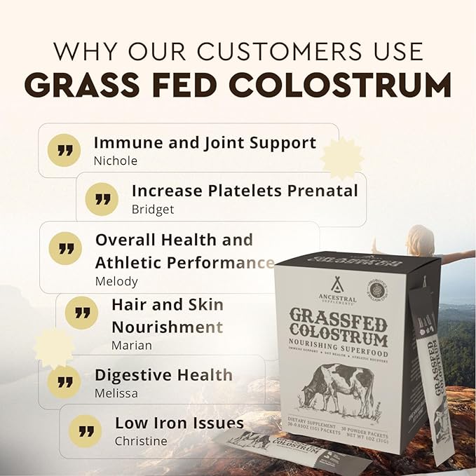 Ancestral Supplements Grass Fed Beef Bovine Colostrum Powder Packets, Immune Support Supplement, Gut, Skin & Hair Health Support Supplements, Promotes Growth and Repair, Non GMO, 30 Sticks, Unflavored