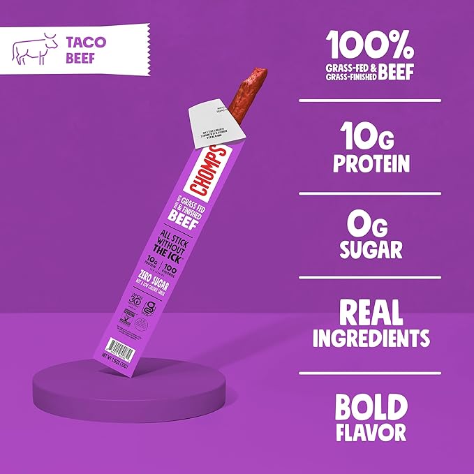 Chomps Grass-Fed Taco Beef Jerky Snack Sticks 24-Pack - Keto, Paleo, Whole30, 10g Lean Meat Protein, Gluten-Free, Zero Sugar Food, Non-GMO
