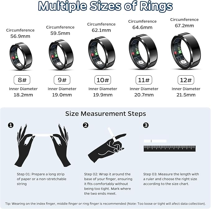 Smart Ring Health Tracker, Sleep Tracker Ring with Heart Rate, Waterproof Fitness Ring for Activity Monitoring/Steps/Distance/Calories, Air Gestures, Up to 7-Day Battery, for iOS Android (Black,#10)