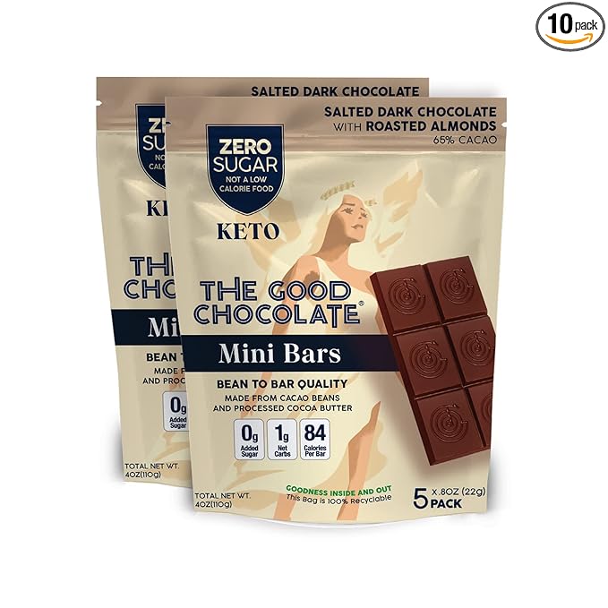 THE GOOD CHOCOLATE - Mini Salted Almonds Chocolate Bars with Zero Sugar & Lower Net Carb - Keto Chocolate Bar Offers Lower Calorie Chocolate Candy - All Natural Non-GMO (Pack of 10)