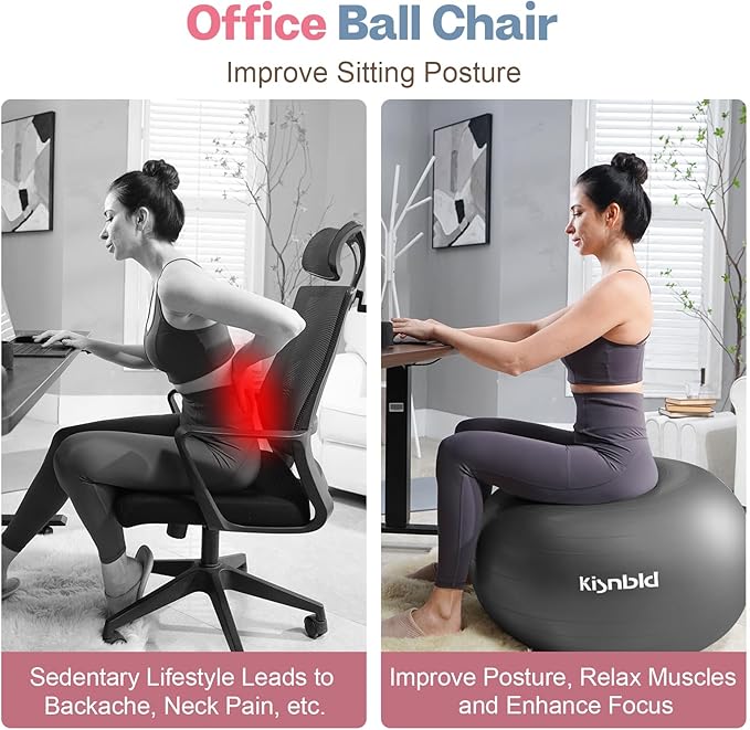 Exercise Ball, Extra Thick Yoga Ball for Workout Pregnancy Stability, 4 Sizes Anti-Burst Balance Ball with Foot Pump - Heavy Duty Fitness Ball Chair for Office, Home & Gym