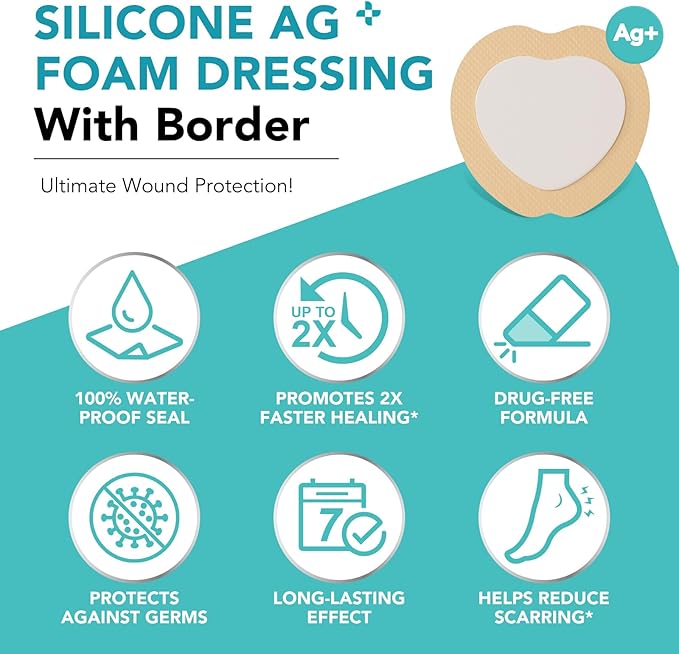 Silicone Foam Dressing Ag Sterile Wound Bandage with Waterproof Gentle Silicone Adhesive Border, 7"x7" Breathable Ultra Absorbent Pads (7.08x7.08 Inch (Pack of 10))