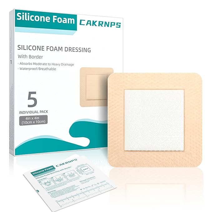 Silicone Foam Dressing with Adhesive Border 4“ x 4”,5 Packs Waterproof Silicone Bandages for Wounds Care, Large Self Adhesive Wound Dressing Bandage for Bed Sore, FSA HSA Eligible