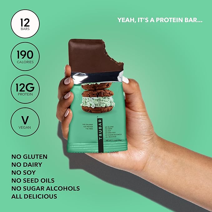 TRUBAR Vegan Protein Bar, It’s Mint to Be Chip, Gluten Free, Plant Based High Fiber, Dairy Free, Non GMO, Low Fat, No Sugar Alcohols, 12G Lean Protein, 13G Fiber, Healthy Snack Bars, 12 CT