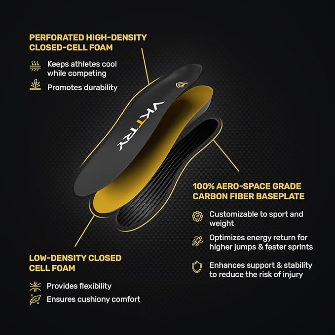 VKTRY Gold for Non-Cleated Shoes - Carbon Fiber Performance Insoles - Customized Athletic Inserts for Sports Basketball Volleyball Running & More | Shock Absorption US M8.5-9, W10.5-11, 121-170Lbs