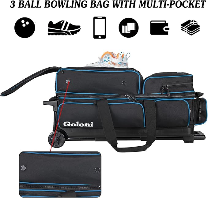 Goloni 3 Ball Bowling Bags with Wheels - Rolling Bowling Bag for 3 Balls & Accessories - Retractable Handle Extends to 38