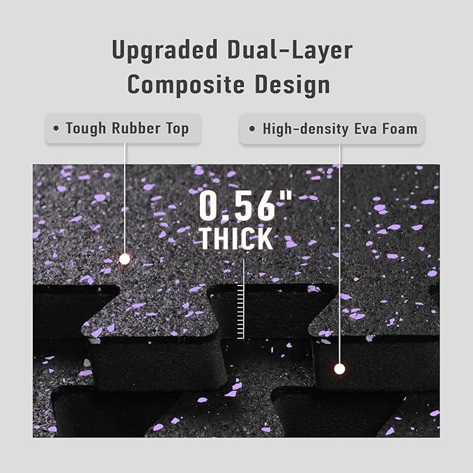 0.56in Thick 24 Sq Ft Exercise Equipment Mats, 6 Tiles Upgraded Rubber Top with High Density EVA Foam, Large Interlocking Puzzle Gym Flooring for Home Gym, Heavy Weight Workout, Black & Purple