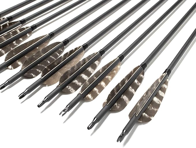 31Inch Carbon Arrow, Practice Hunting Arrows, Camo Turkey Feather Fletching, Arrows for Compound & Recurve Bow with Removable Tips Adjustable Nocks