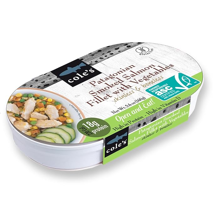 COLE’S - Patagonian Smoked Salmon Fillet with Vegetables| Ready to Eat Meal | 5.6 oz Canned & Hand-Packed | 19g Protein | High in Vitamin D | 1 Unit