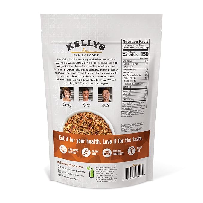 Kelly's Four Plus Granola (Nutty) Healthy Granola Cereal with Whole Grain Oats, Honey, Maple Syrup - Non-GMO, Low Sugar, Sodium Free and Gluten Free for Yogurt - 12oz - Pack of 6
