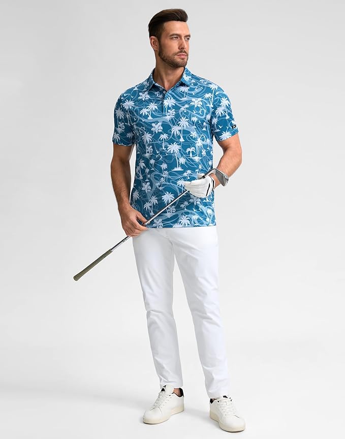 Obla Mens Golf Polo Shirts Short Sleeve Dry Fit Performance Moisture Wicking Casual Print Collared Golf Shirts for Men