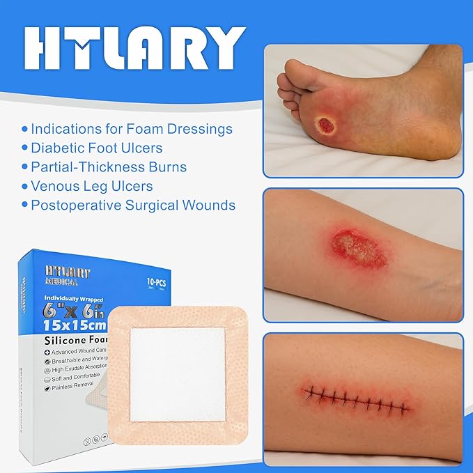 Silicone Foam Dressing 6x6 inches 10 Pack Advanced Exudate Control for Pressure Ulcers, Surgical Wounds & Diabetic Care Waterproof Wound Dressing First Aid Bandage for Wound Care