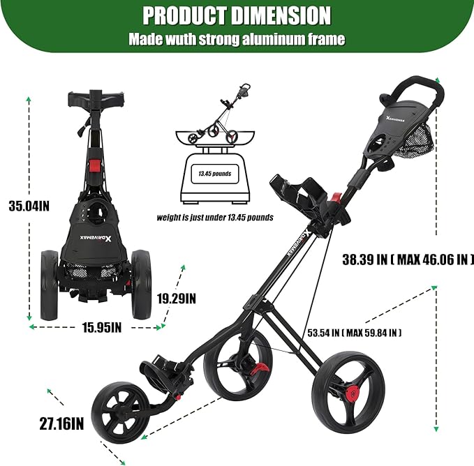 GC27 3 Wheel Golf Trolley, Golf Trolleys Folding Lightweight Golf Bag Pull Cart,Golf Cart for Golf Clubs and Golf Bag with Cup Holder Scorecard Holder/Storage Compartment