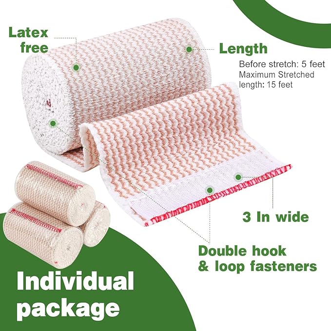 AZEN Premium 10 Pack Elastic Bandage Wrap 3 Inch, Compression Wrap Bandage for Legs, Ankle, Knee, Tummy, Body, Lymphedema Wraps for Legs, Latex-Free