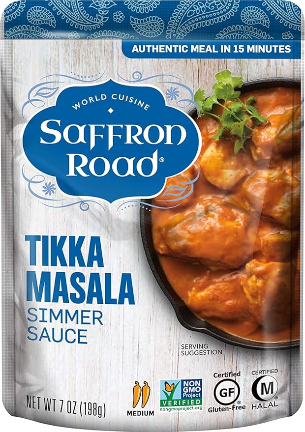 Saffron Road Tikka Masala Simmer Sauce | Globally Inspired Simmer Sauce | Gluten-free, Vegetarian, Non-GMO, and Certified Halal and Kosher | 7.0oz Pouch | Pack of 8