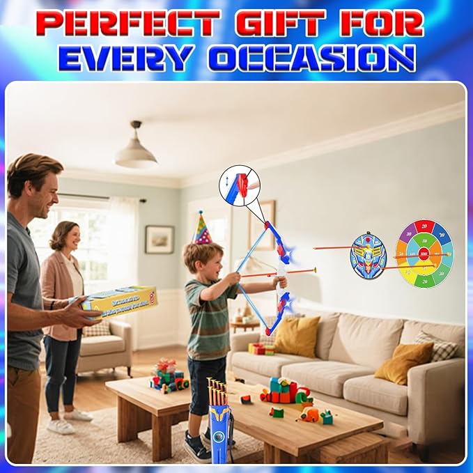 Kids Bow and Arrow Set, LED Light Up Archery Toy Set with 10 Suction Cup Arrows, 2 Target & Quiver, Indoor and Outdoor Toys Sport Gifts for Kids, Boys & Girls Ages 5 6 7 8 9 10 11 12