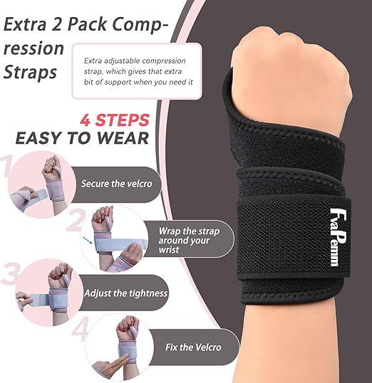 Carpal Tunnel Wrist Brace for Women Men 2 Pack, Wrist Support Wraps for Right Left Hand, Adjustable Wrist Brace for Tendonitis, Arthritis, Weightlifting, Sports, Day & Night Support, Black