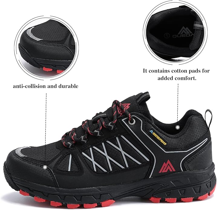 Queday Men's Waterproof Hiking Shoes Lightweight Anti Slip Outdoor Ankle Boots Breathable Hike Trekking Trails Shoe