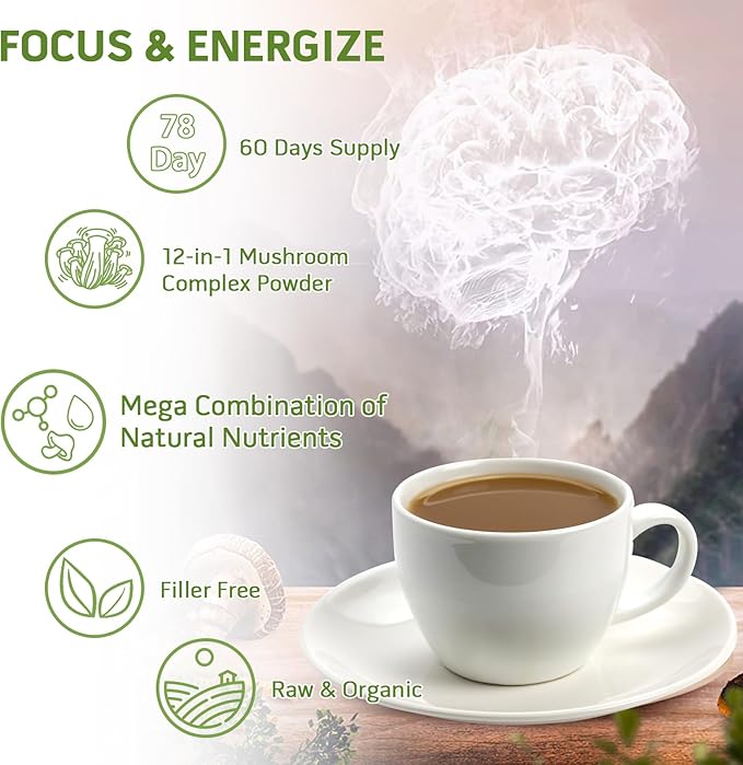 Mushroom Powder Mushroom Supplement - 10-in-1 Mushrooms Lions Mane Powder with Reishi/Cordyceps/Chaga/Turkey Tail/Maitake/Complex for Cognitive Function & Immune Support 78 Servings