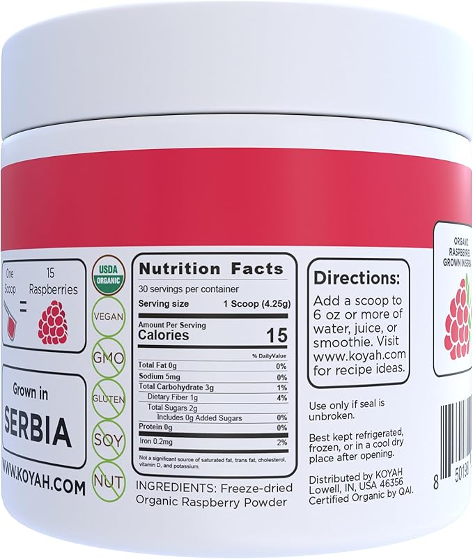 KOYAH - Organic Raspberry Powder 30 Servings (1 Scoop = 15 Raspberries), Freeze-Dried, Whole-Berry Powder, Equivalent to 450 Raspberries